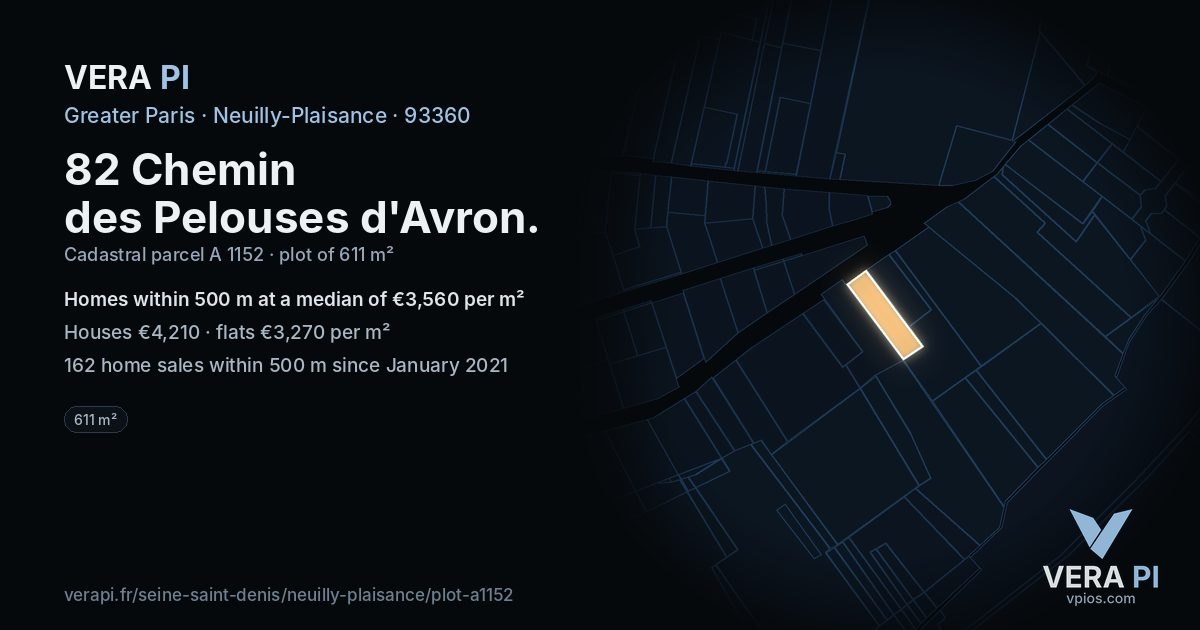 82 Chemin des Pelouses d'Avron, Neuilly-Plaisance at night – the plot lit, the parcels around coloured by the prices near them