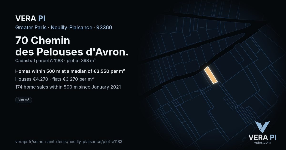 70 Chemin des Pelouses d'Avron, Neuilly-Plaisance at night – the plot lit, the parcels around coloured by the prices near them