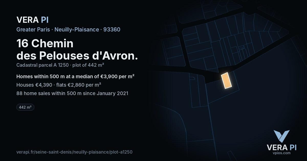 16 Chemin des Pelouses d'Avron, Neuilly-Plaisance at night – the plot lit, the parcels around coloured by the prices near them