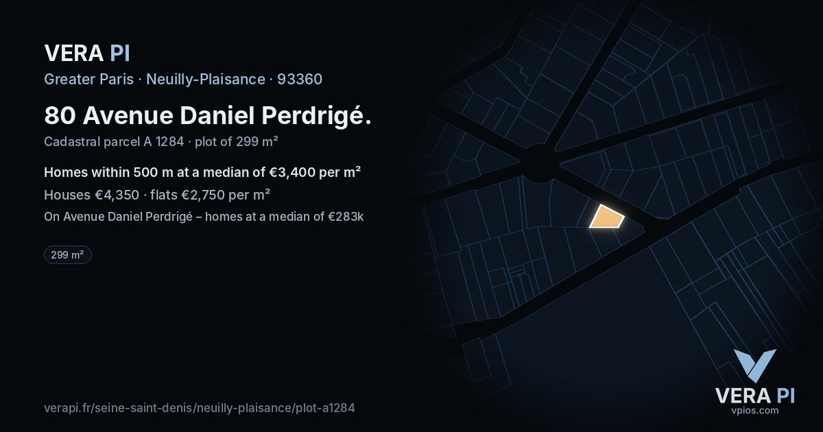 80 Avenue Daniel Perdrigé, Neuilly-Plaisance at night – the plot lit, the parcels around coloured by the prices near them