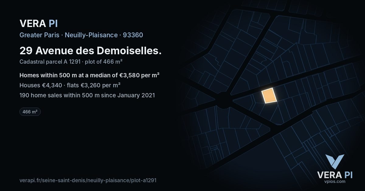 29 Avenue des Demoiselles, Neuilly-Plaisance at night – the plot lit, the parcels around coloured by the prices near them