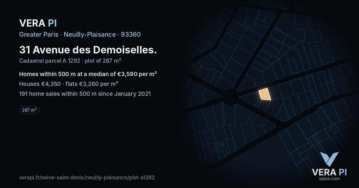 31 Avenue des Demoiselles, Neuilly-Plaisance at night – the plot lit, the parcels around coloured by the prices near them