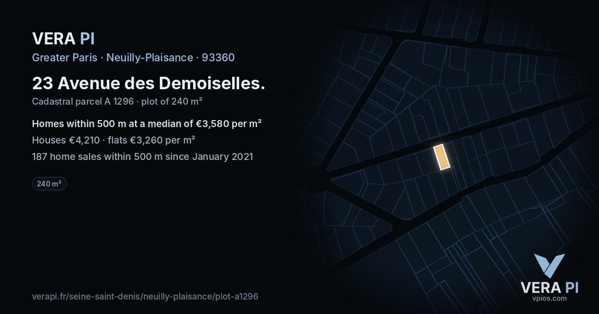 23 Avenue des Demoiselles, Neuilly-Plaisance at night – the plot lit, the parcels around coloured by the prices near them