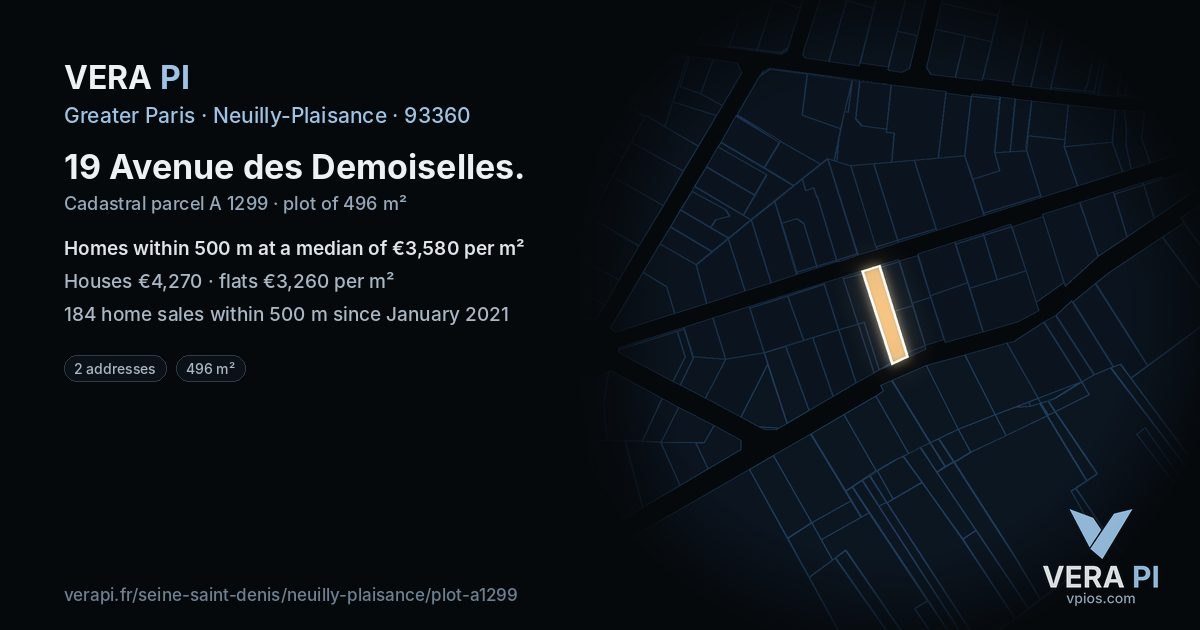 19 Avenue des Demoiselles, Neuilly-Plaisance at night – the plot lit, the parcels around coloured by the prices near them