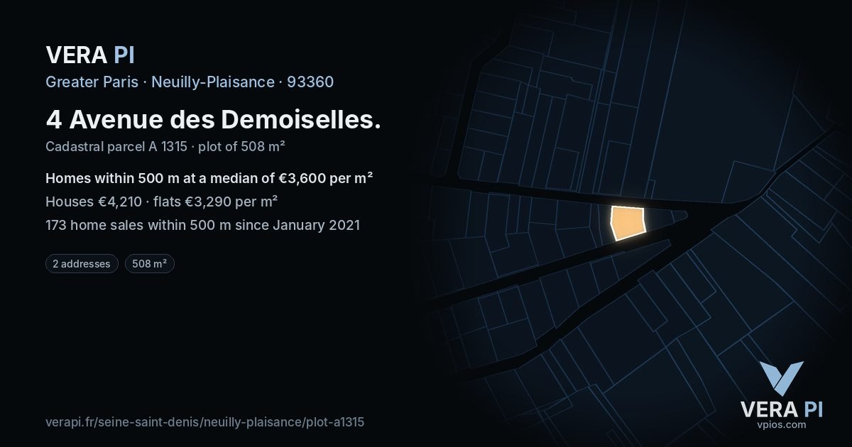 4 Avenue des Demoiselles, Neuilly-Plaisance at night – the plot lit, the parcels around coloured by the prices near them