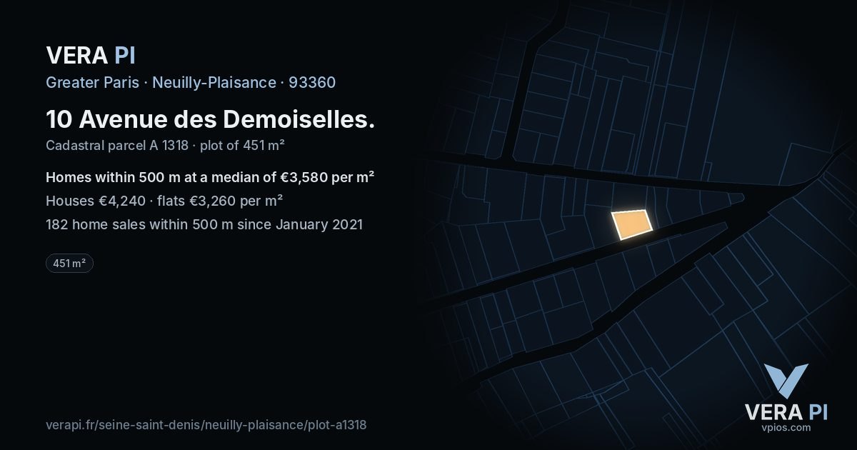 10 Avenue des Demoiselles, Neuilly-Plaisance at night – the plot lit, the parcels around coloured by the prices near them