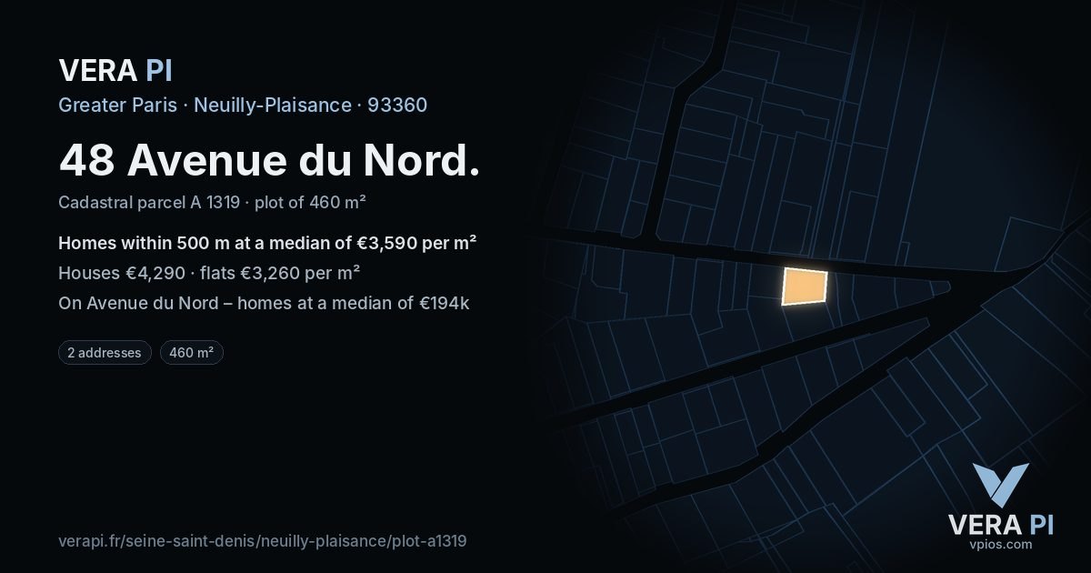 48 Avenue du Nord, Neuilly-Plaisance at night – the plot lit, the parcels around coloured by the prices near them