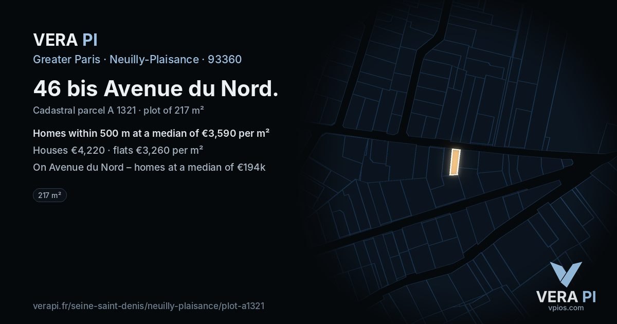 46 bis Avenue du Nord, Neuilly-Plaisance at night – the plot lit, the parcels around coloured by the prices near them