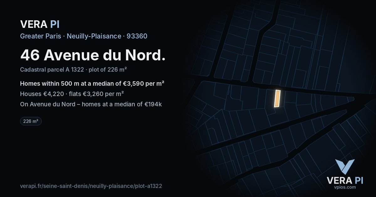 46 Avenue du Nord, Neuilly-Plaisance at night – the plot lit, the parcels around coloured by the prices near them