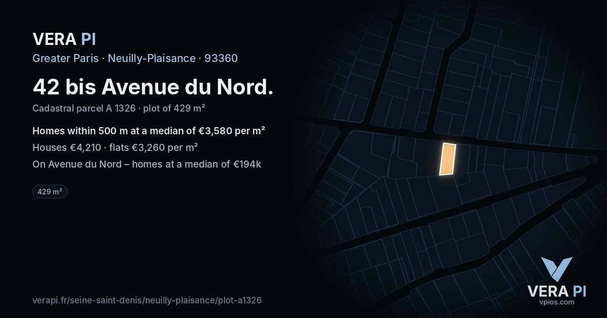 42 bis Avenue du Nord, Neuilly-Plaisance at night – the plot lit, the parcels around coloured by the prices near them