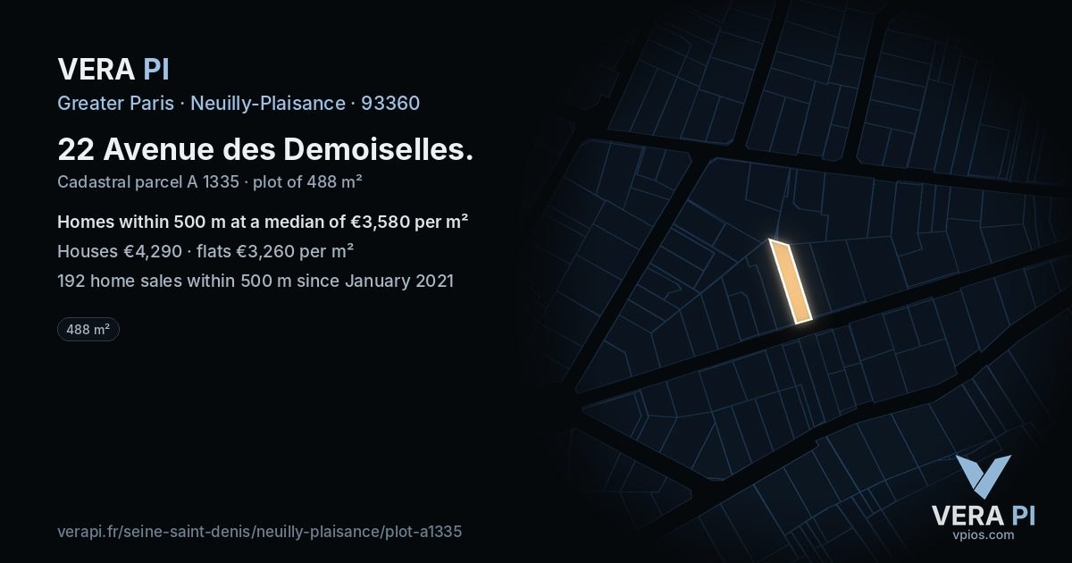 22 Avenue des Demoiselles, Neuilly-Plaisance at night – the plot lit, the parcels around coloured by the prices near them