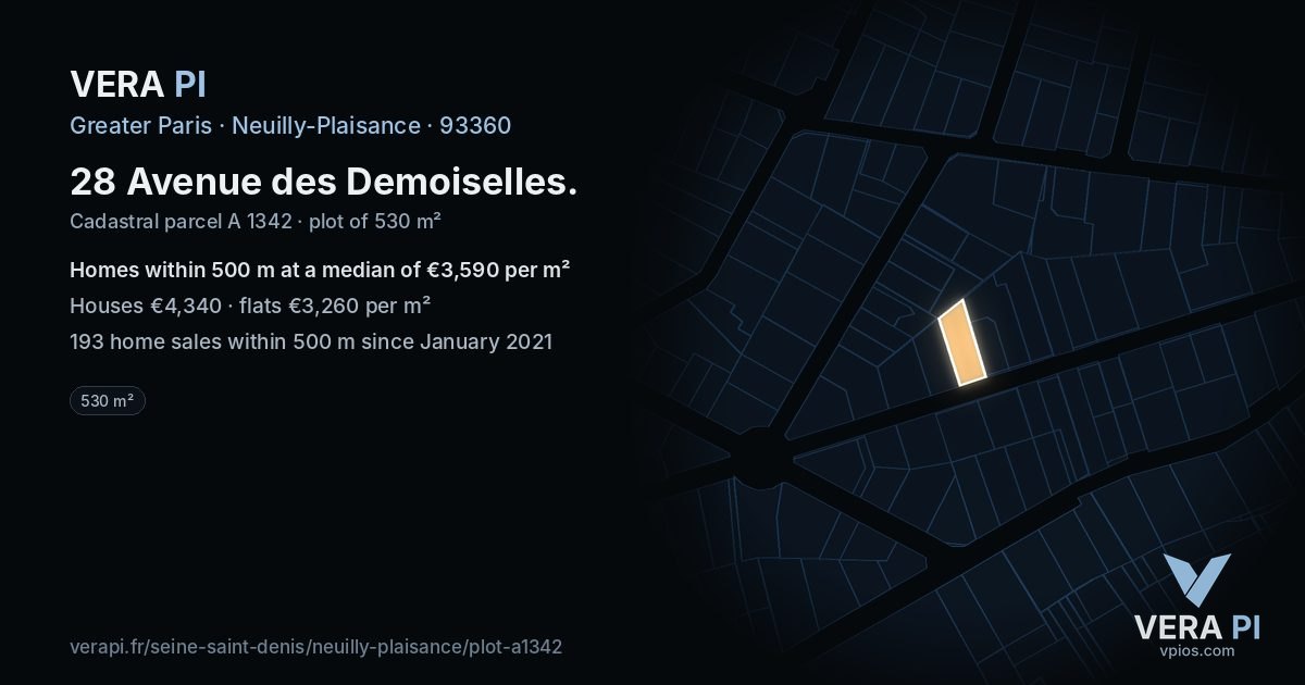 28 Avenue des Demoiselles, Neuilly-Plaisance at night – the plot lit, the parcels around coloured by the prices near them