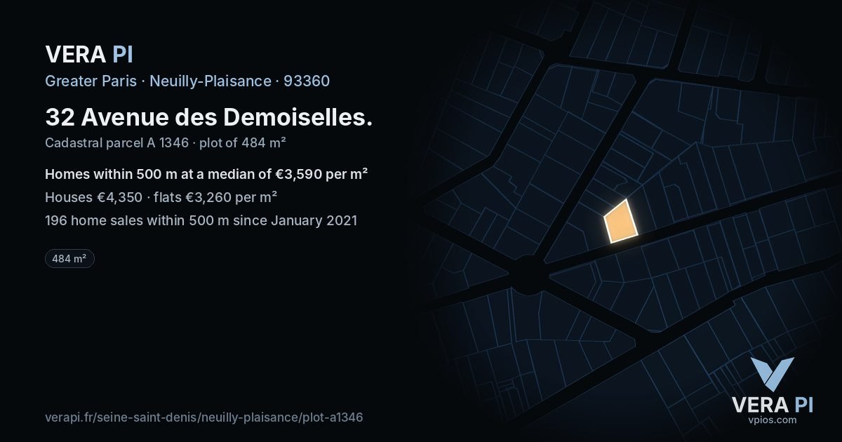 32 Avenue des Demoiselles, Neuilly-Plaisance at night – the plot lit, the parcels around coloured by the prices near them