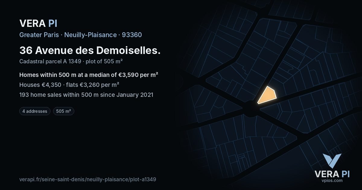 36 Avenue des Demoiselles, Neuilly-Plaisance at night – the plot lit, the parcels around coloured by the prices near them