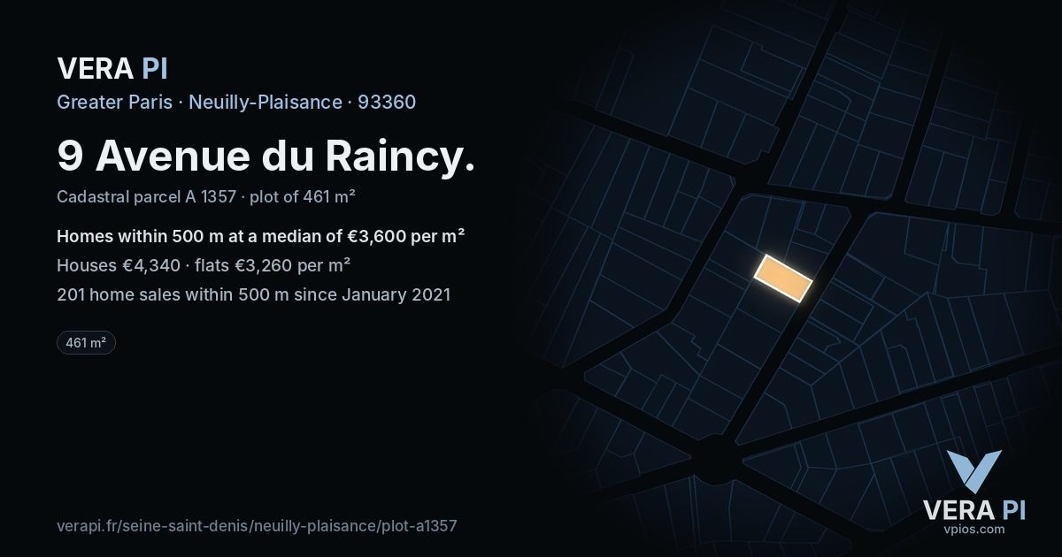 9 Avenue du Raincy, Neuilly-Plaisance at night – the plot lit, the parcels around coloured by the prices near them