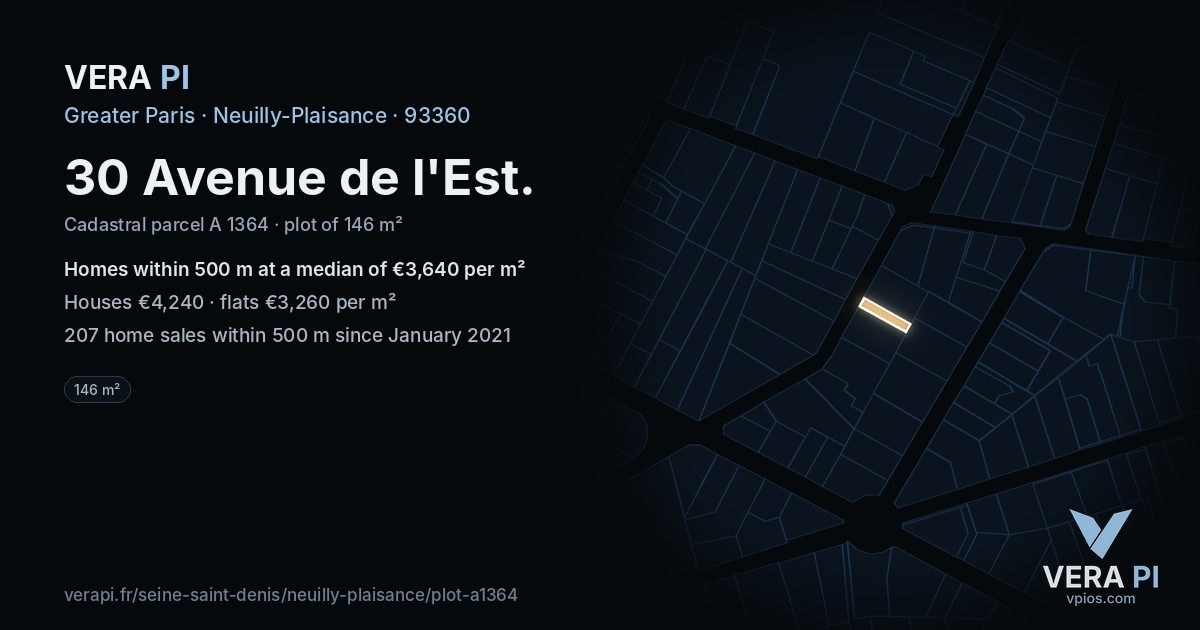 30 Avenue de l'Est, Neuilly-Plaisance at night – the plot lit, the parcels around coloured by the prices near them
