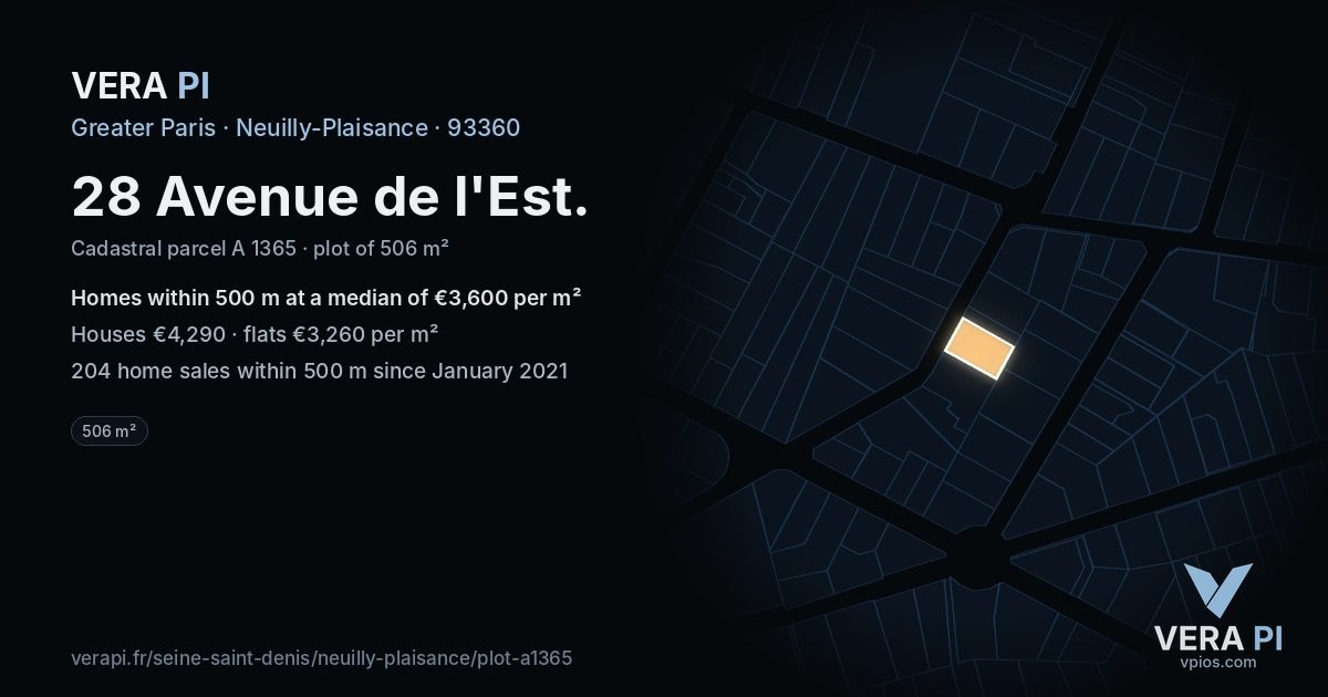 28 Avenue de l'Est, Neuilly-Plaisance at night – the plot lit, the parcels around coloured by the prices near them
