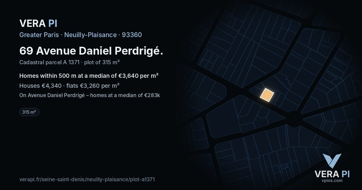 69 Avenue Daniel Perdrigé, Neuilly-Plaisance at night – the plot lit, the parcels around coloured by the prices near them