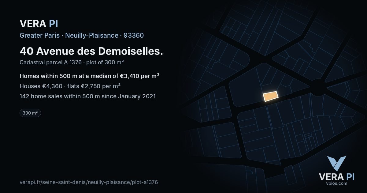 40 Avenue des Demoiselles, Neuilly-Plaisance at night – the plot lit, the parcels around coloured by the prices near them