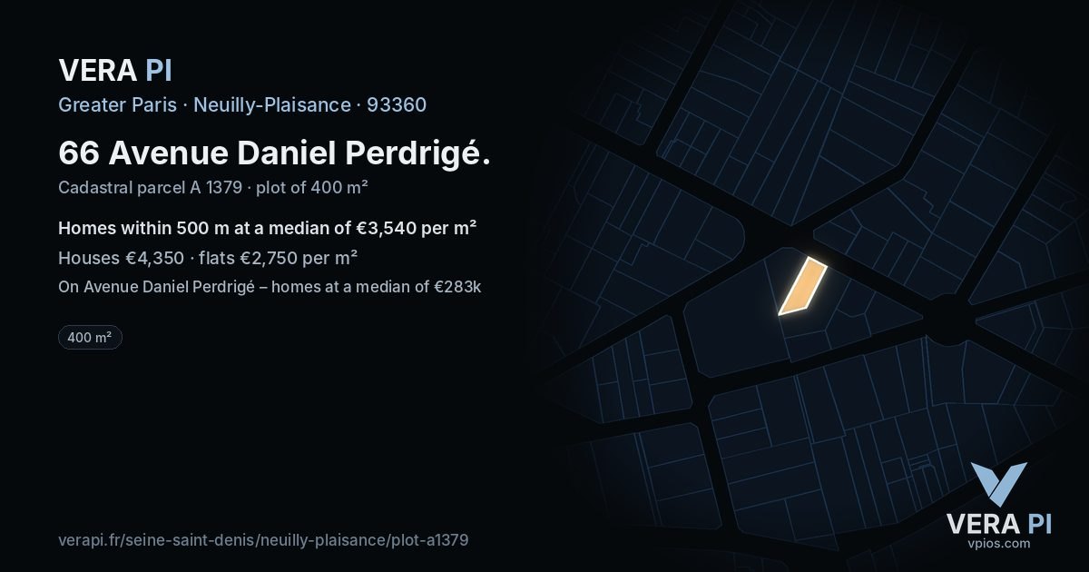 66 Avenue Daniel Perdrigé, Neuilly-Plaisance at night – the plot lit, the parcels around coloured by the prices near them