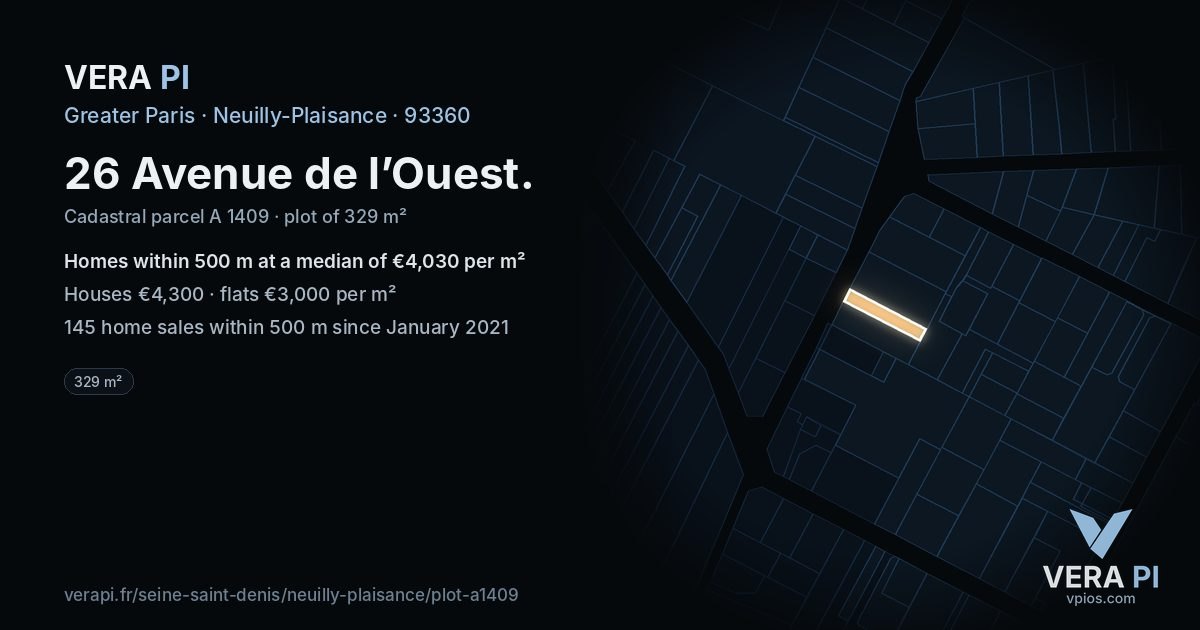 26 Avenue de l’Ouest, Neuilly-Plaisance at night – the plot lit, the parcels around coloured by the prices near them