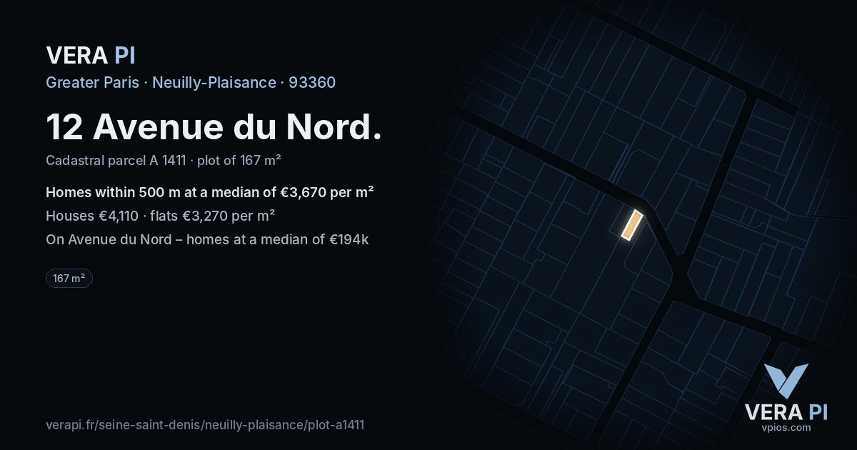 12 Avenue du Nord, Neuilly-Plaisance at night – the plot lit, the parcels around coloured by the prices near them