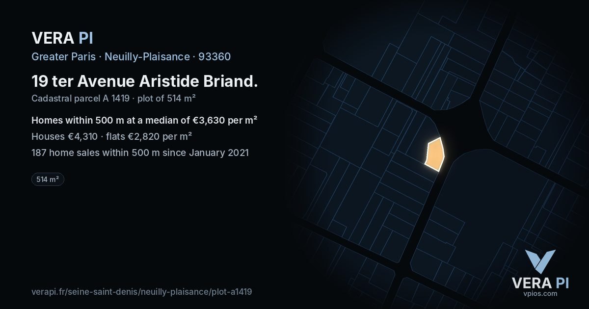 19 ter Avenue Aristide Briand, Neuilly-Plaisance at night – the plot lit, the parcels around coloured by the prices near them
