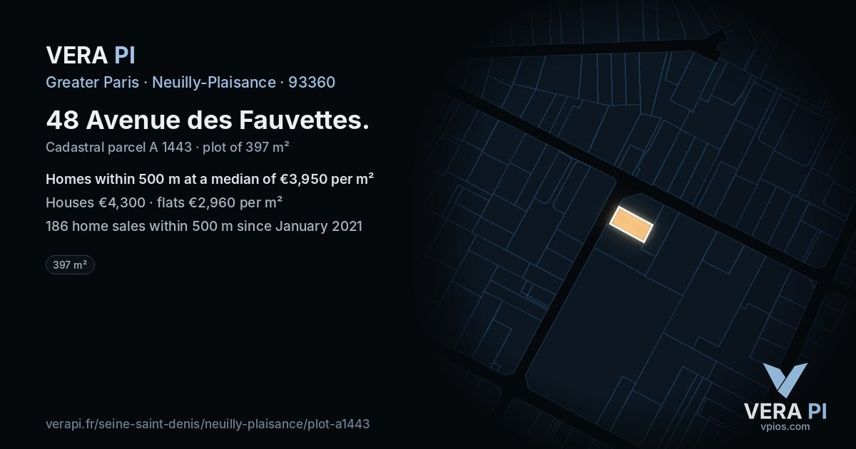 48 Avenue des Fauvettes, Neuilly-Plaisance at night – the plot lit, the parcels around coloured by the prices near them