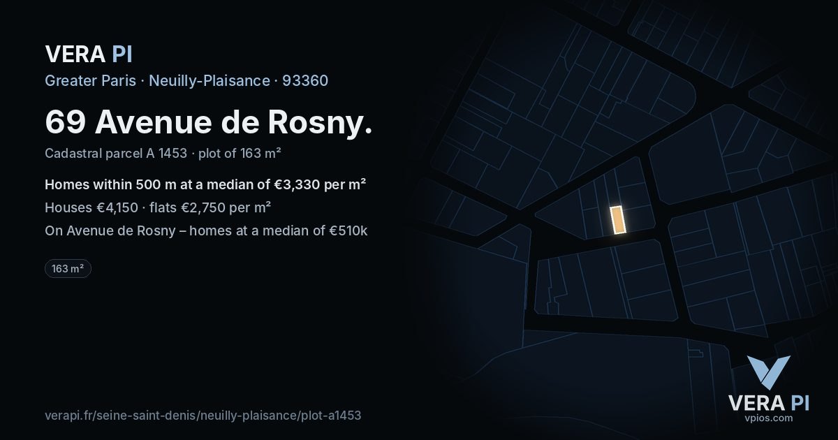 69 Avenue de Rosny, Neuilly-Plaisance at night – the plot lit, the parcels around coloured by the prices near them