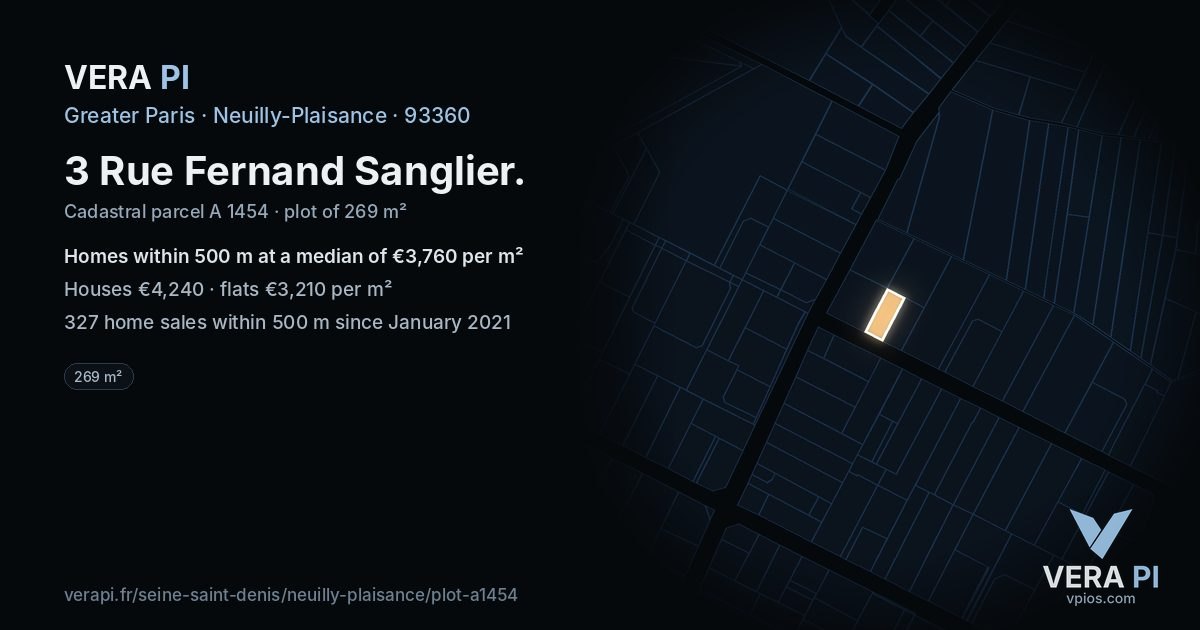 3 Rue Fernand Sanglier, Neuilly-Plaisance at night – the plot lit, the parcels around coloured by the prices near them