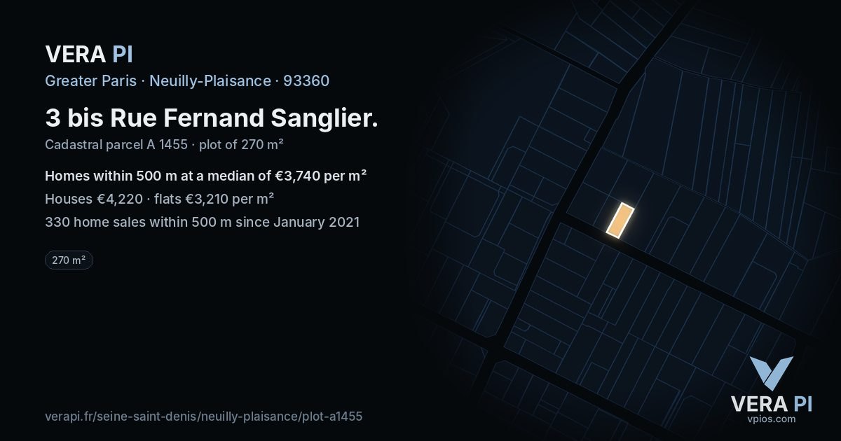 3 bis Rue Fernand Sanglier, Neuilly-Plaisance at night – the plot lit, the parcels around coloured by the prices near them