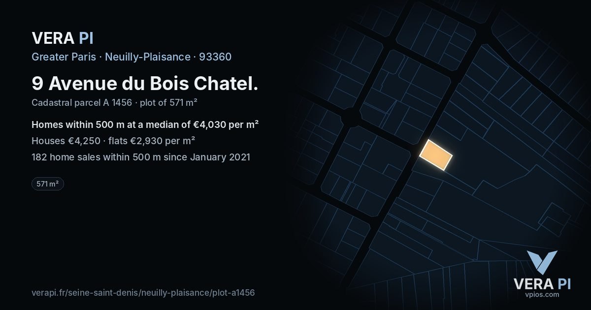 9 Avenue du Bois Chatel, Neuilly-Plaisance at night – the plot lit, the parcels around coloured by the prices near them