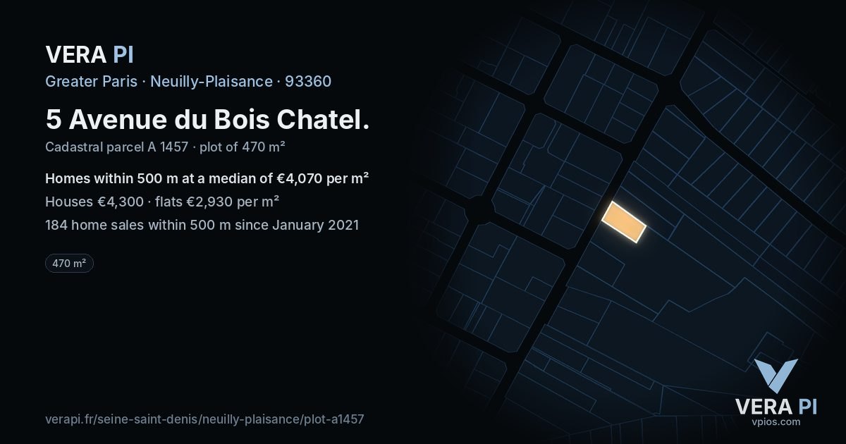 5 Avenue du Bois Chatel, Neuilly-Plaisance at night – the plot lit, the parcels around coloured by the prices near them