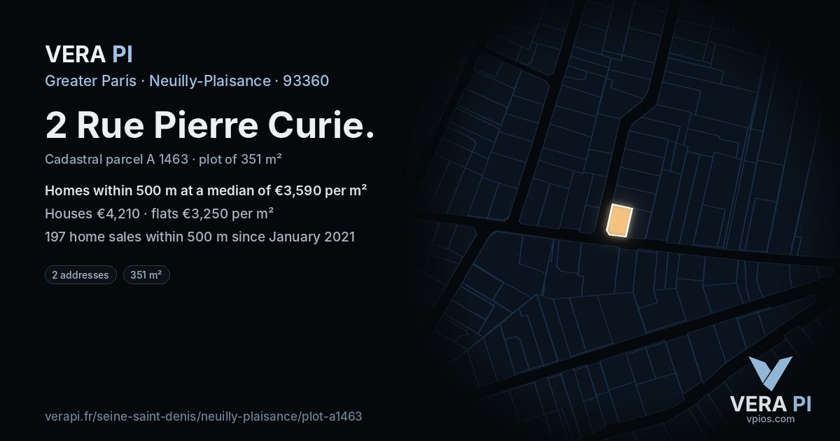 2 Rue Pierre Curie, Neuilly-Plaisance at night – the plot lit, the parcels around coloured by the prices near them