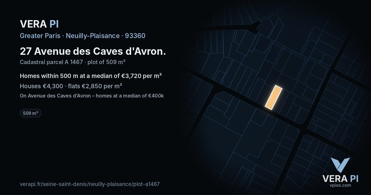 27 Avenue des Caves d'Avron, Neuilly-Plaisance at night – the plot lit, the parcels around coloured by the prices near them
