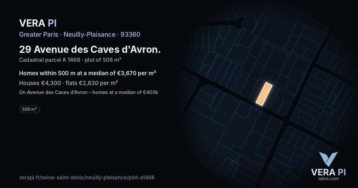 29 Avenue des Caves d'Avron, Neuilly-Plaisance at night – the plot lit, the parcels around coloured by the prices near them