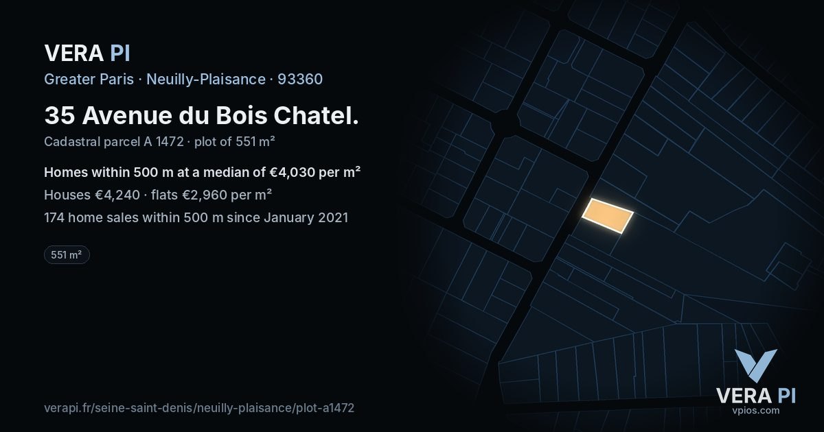 35 Avenue du Bois Chatel, Neuilly-Plaisance at night – the plot lit, the parcels around coloured by the prices near them