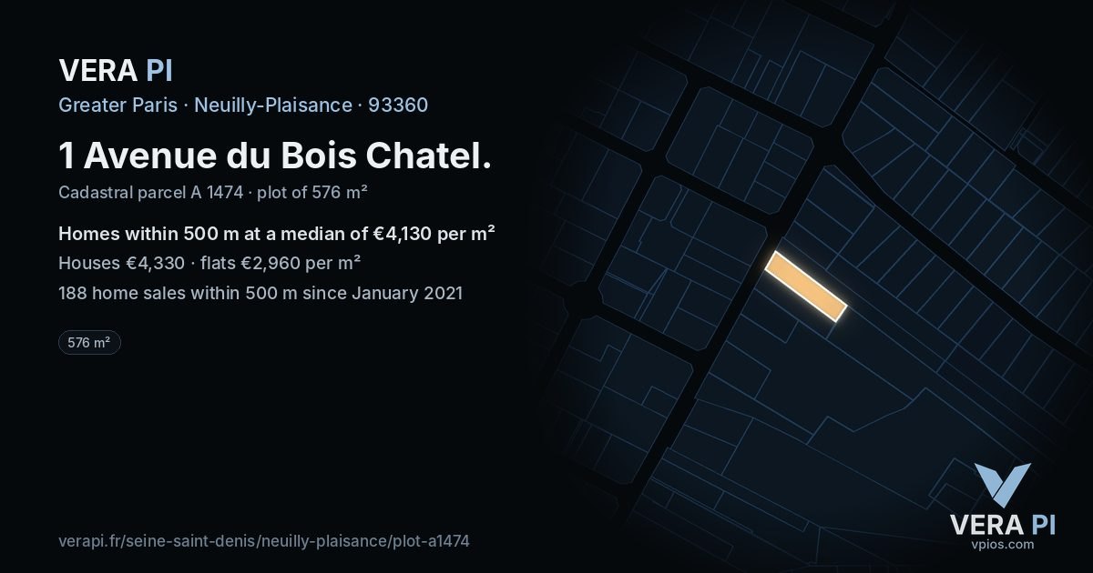 1 Avenue du Bois Chatel, Neuilly-Plaisance at night – the plot lit, the parcels around coloured by the prices near them