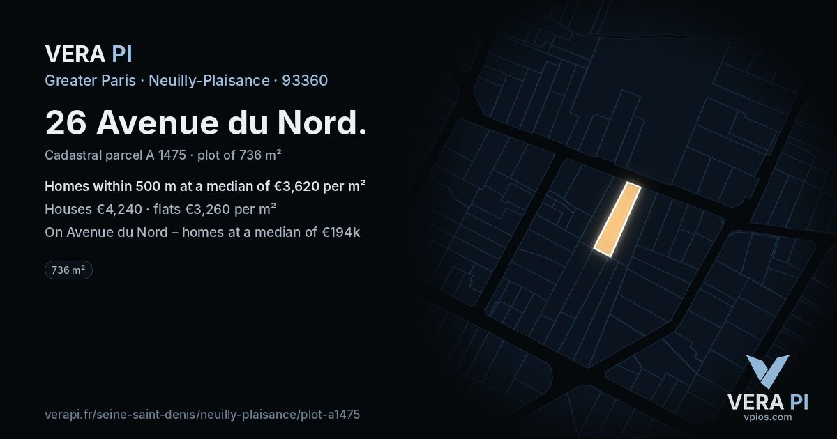 26 Avenue du Nord, Neuilly-Plaisance at night – the plot lit, the parcels around coloured by the prices near them