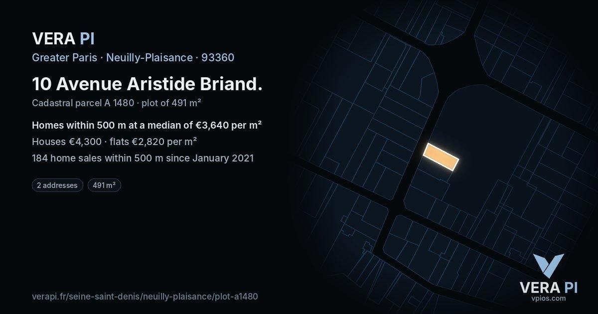 10 Avenue Aristide Briand, Neuilly-Plaisance at night – the plot lit, the parcels around coloured by the prices near them
