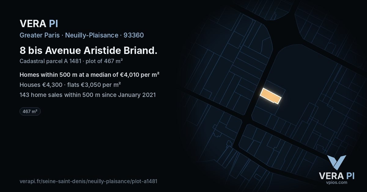 8 bis Avenue Aristide Briand, Neuilly-Plaisance at night – the plot lit, the parcels around coloured by the prices near them