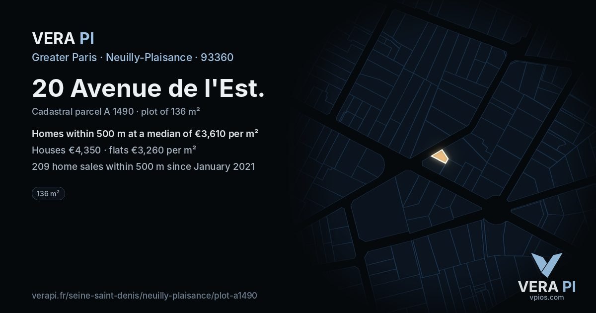 20 Avenue de l'Est, Neuilly-Plaisance at night – the plot lit, the parcels around coloured by the prices near them
