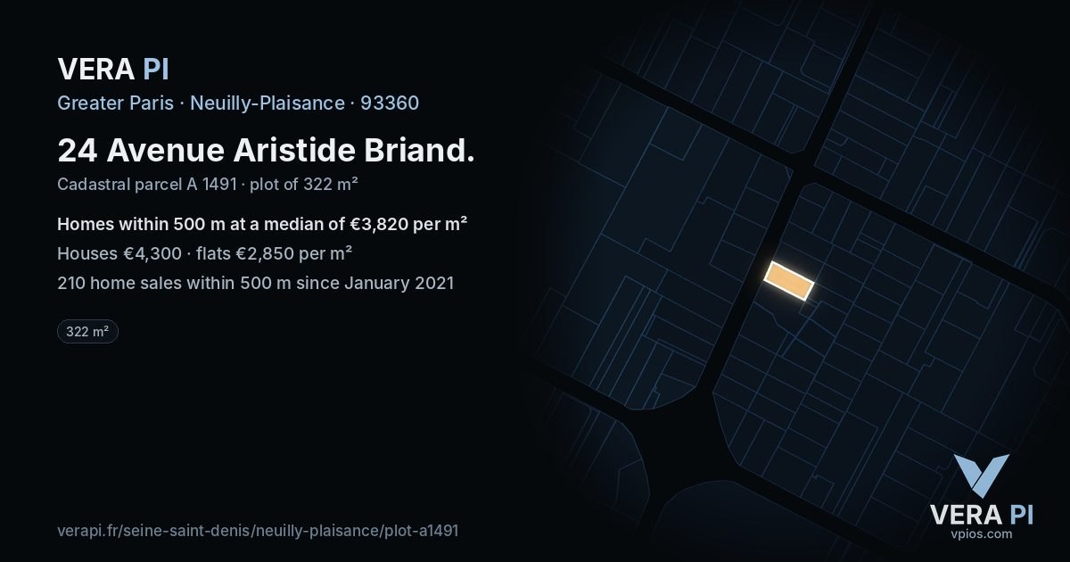 24 Avenue Aristide Briand, Neuilly-Plaisance at night – the plot lit, the parcels around coloured by the prices near them