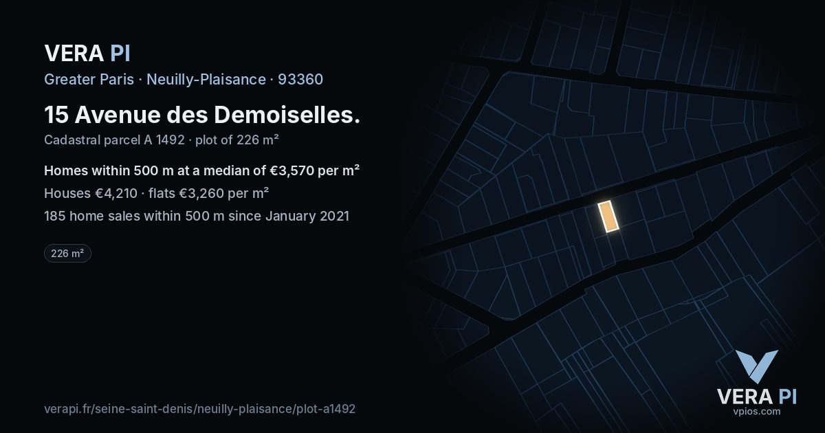 15 Avenue des Demoiselles, Neuilly-Plaisance at night – the plot lit, the parcels around coloured by the prices near them