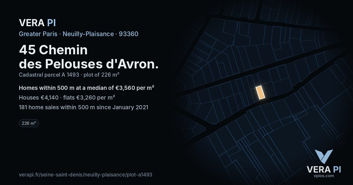 45 Chemin des Pelouses d'Avron, Neuilly-Plaisance at night – the plot lit, the parcels around coloured by the prices near them