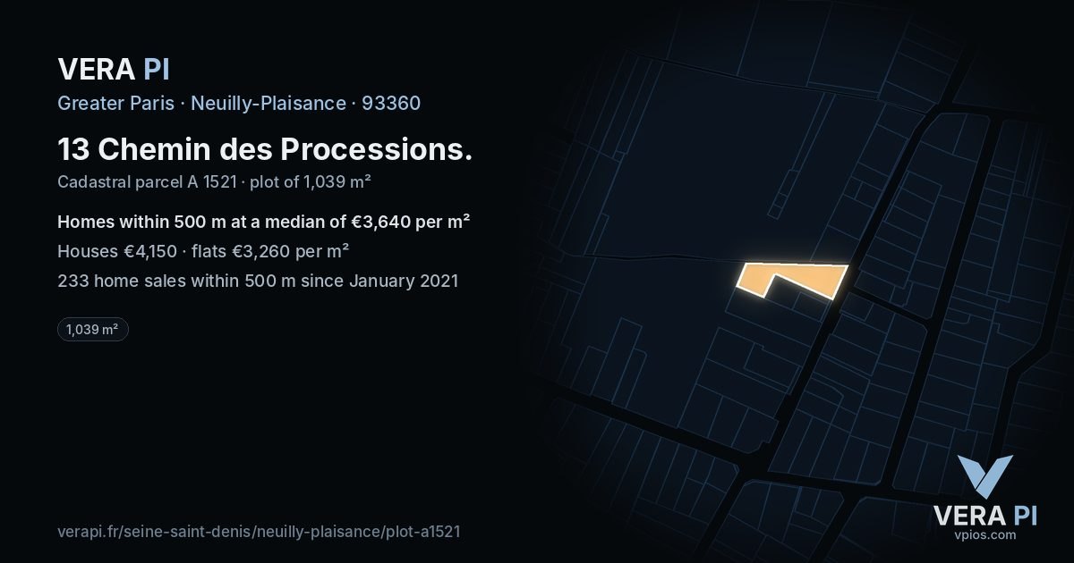 13 Chemin des Processions, Neuilly-Plaisance at night – the plot lit, the parcels around coloured by the prices near them