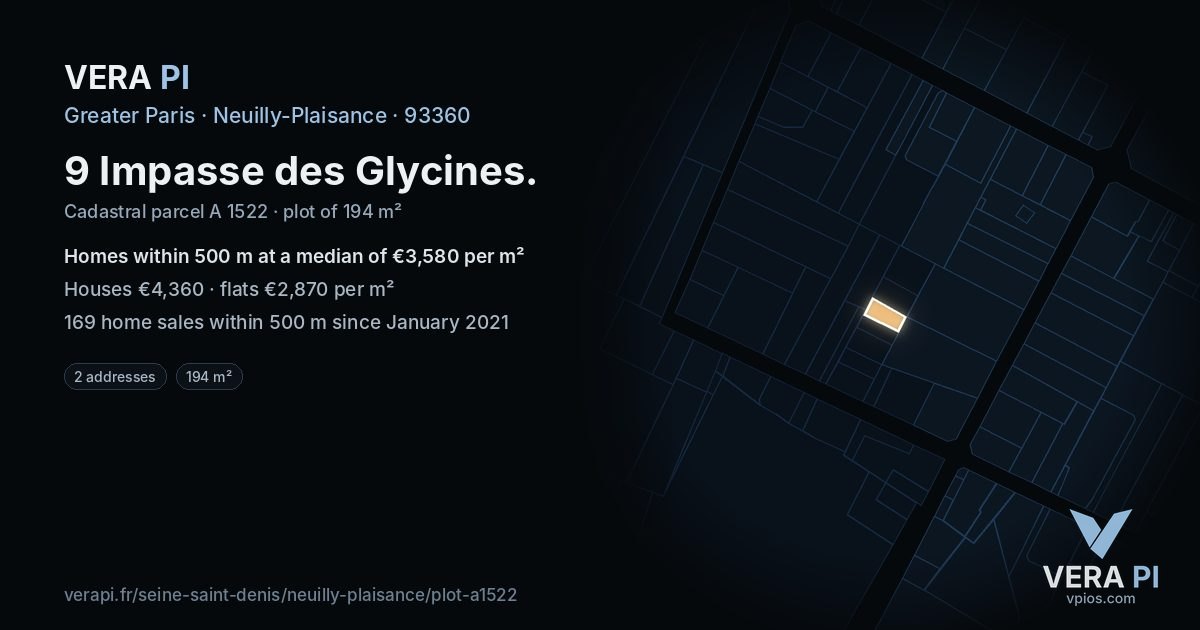 9 Impasse des Glycines, Neuilly-Plaisance at night – the plot lit, the parcels around coloured by the prices near them
