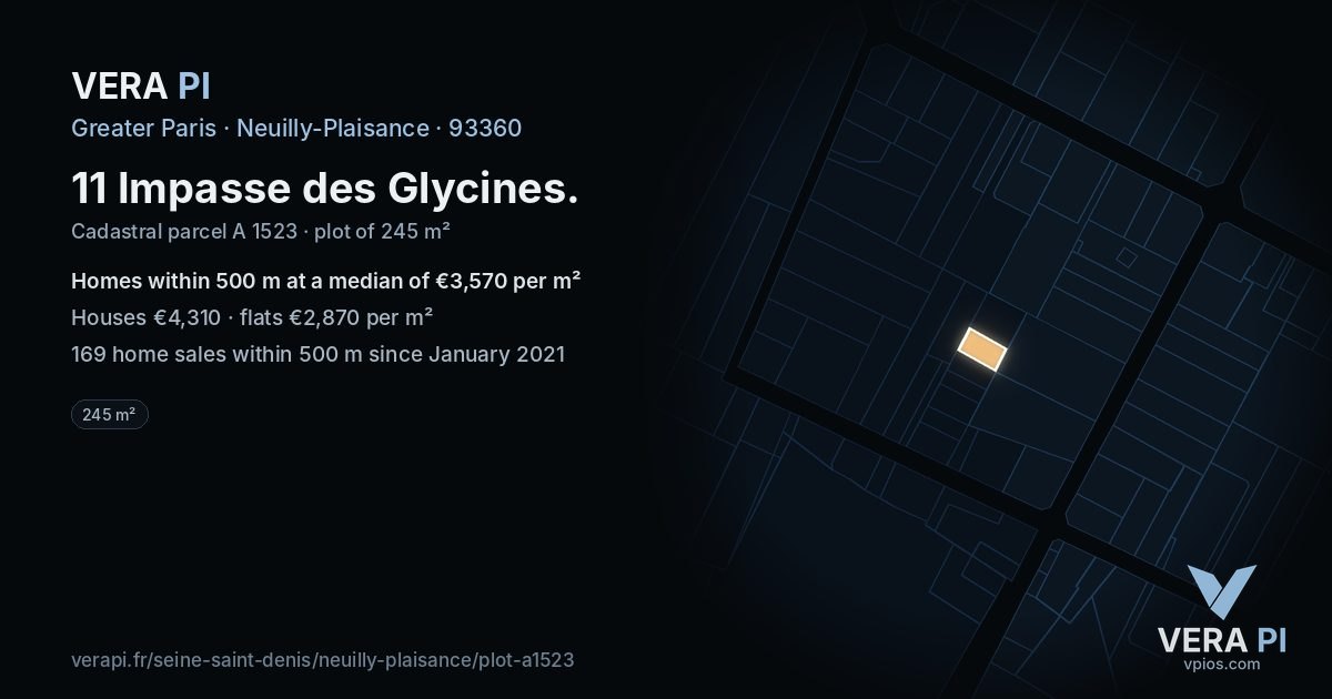 11 Impasse des Glycines, Neuilly-Plaisance at night – the plot lit, the parcels around coloured by the prices near them