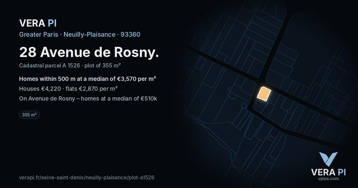 28 Avenue de Rosny, Neuilly-Plaisance at night – the plot lit, the parcels around coloured by the prices near them
