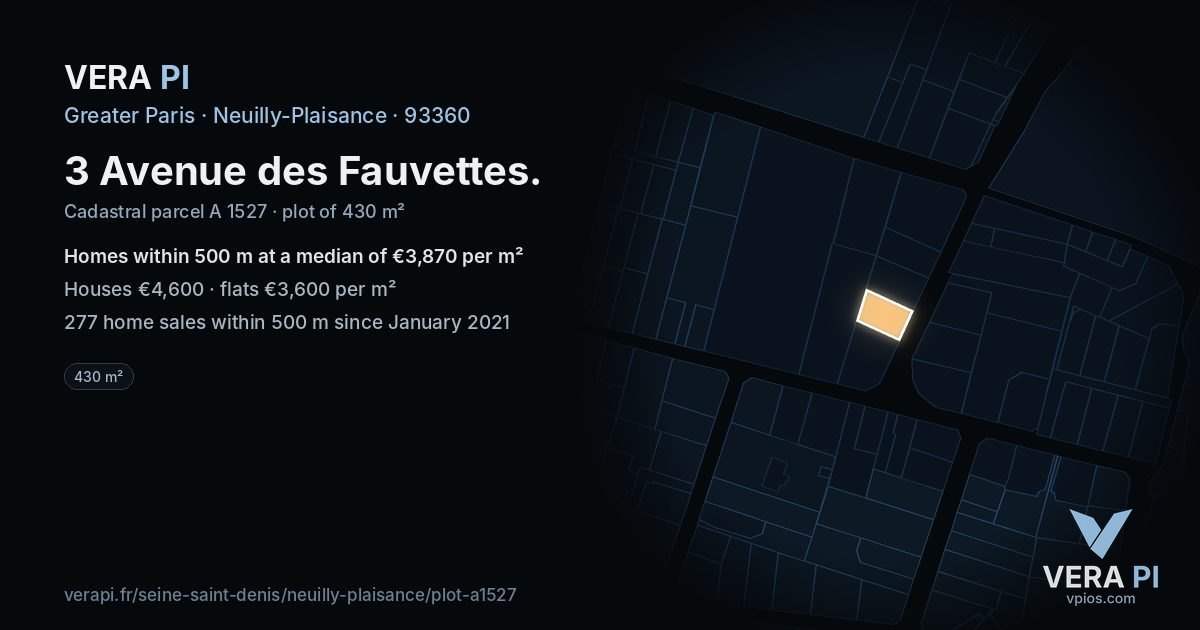 3 Avenue des Fauvettes, Neuilly-Plaisance at night – the plot lit, the parcels around coloured by the prices near them